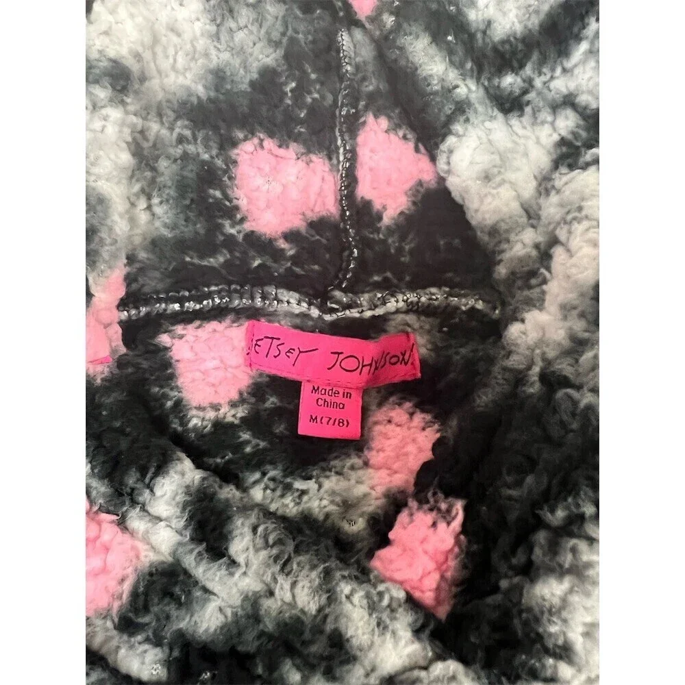 Betsey Johnson Hoodie Girls Size 7/8 Black Gray Pink Hearts Sherpa